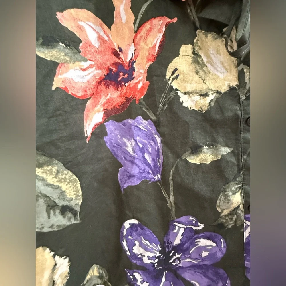 NWT Lauren Ralph Lauren dark green button down puff sleeve top w/ floral pattern - Picture 10 of 10